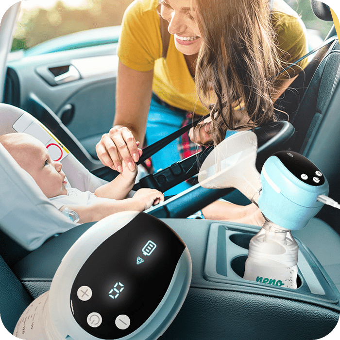 woman entertaining her baby in the saddle in the car and angelo breast pump 