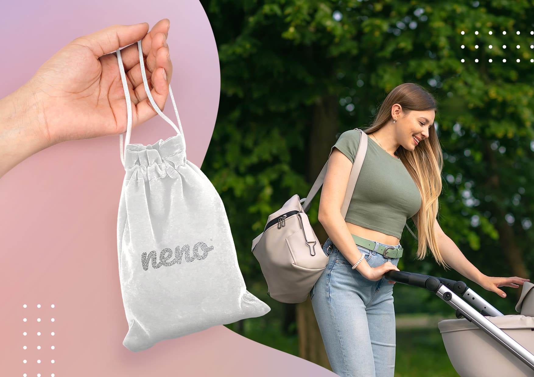 welwetowy woreczek aspiratora i kobieta z wózkiem