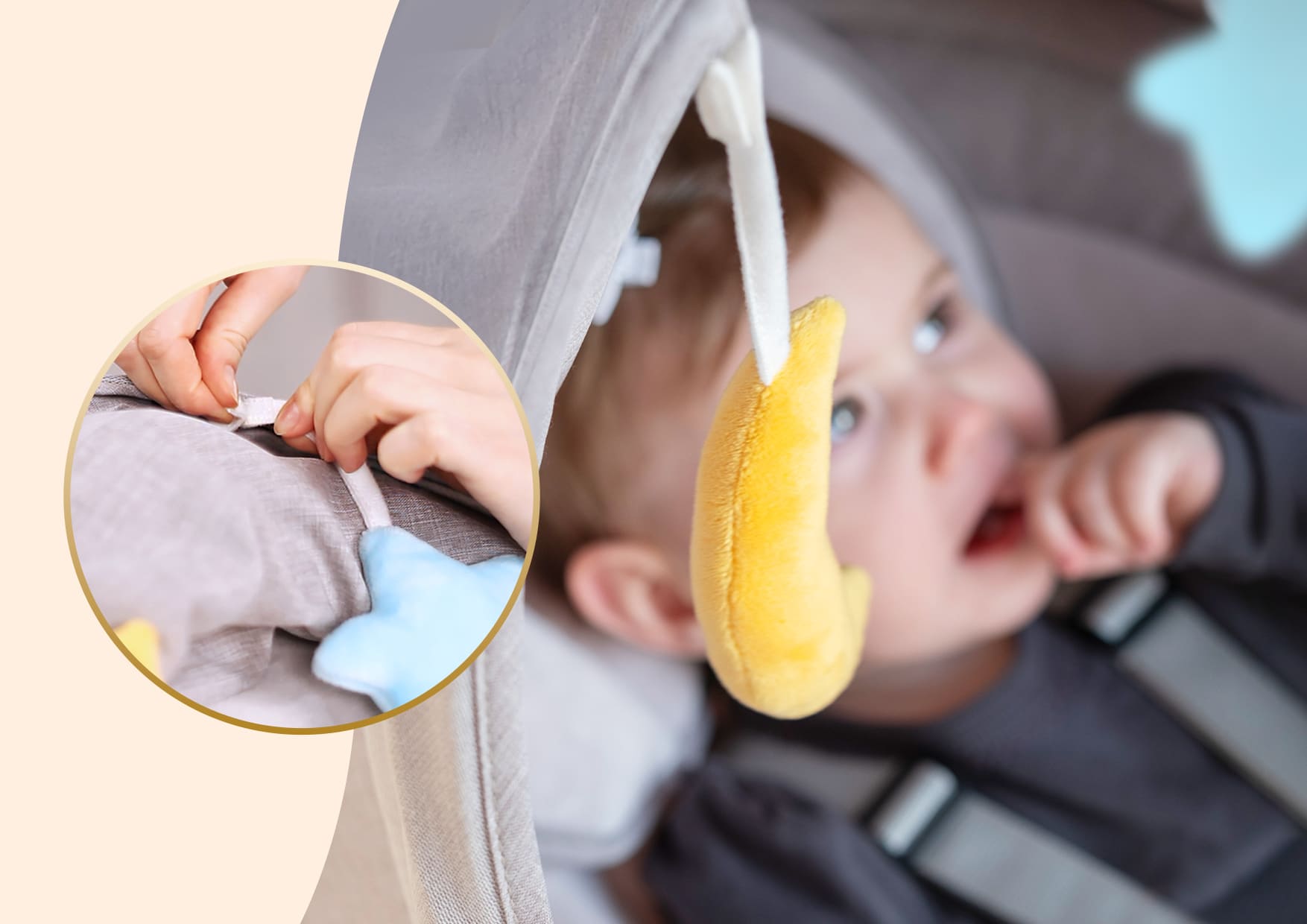 a child in a rocking chair and a plush toy in the background