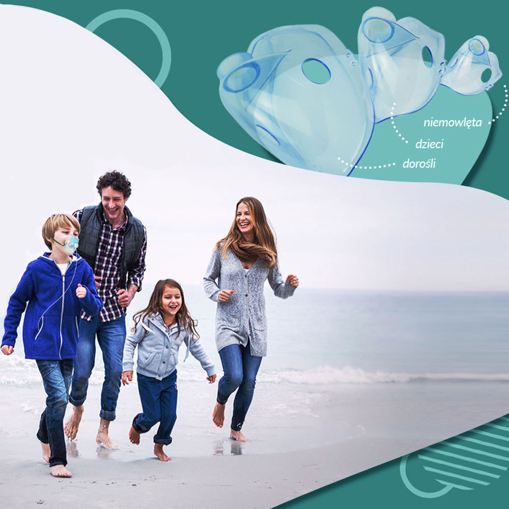 Rodzina z jednym chłopcem z inhalatorem biegną