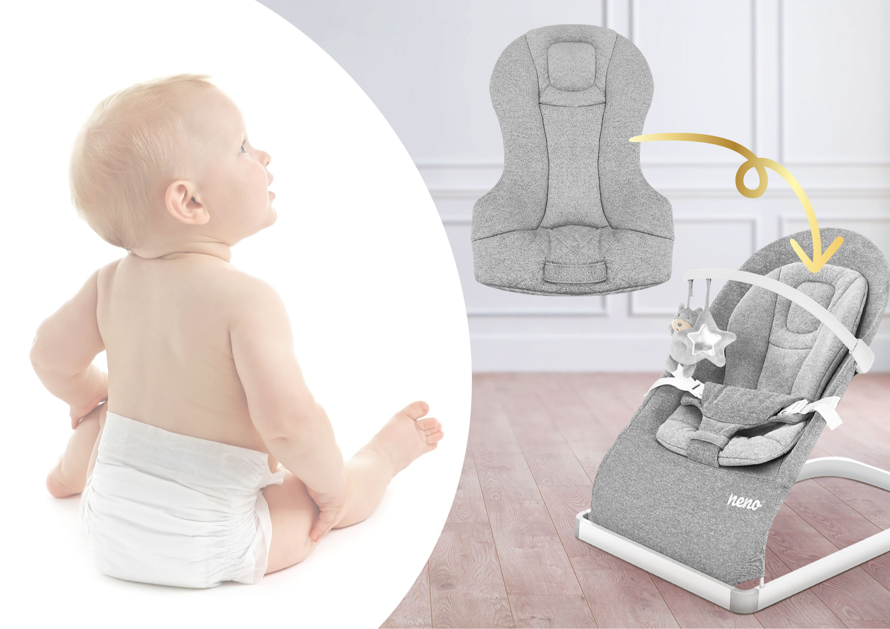 dziecko siedzące na podłodze i obok leżaczek Neno Chiaro