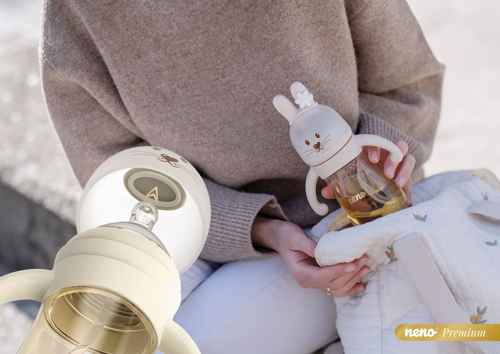 kobieta wkładająca butelkę Neno Mio do torby