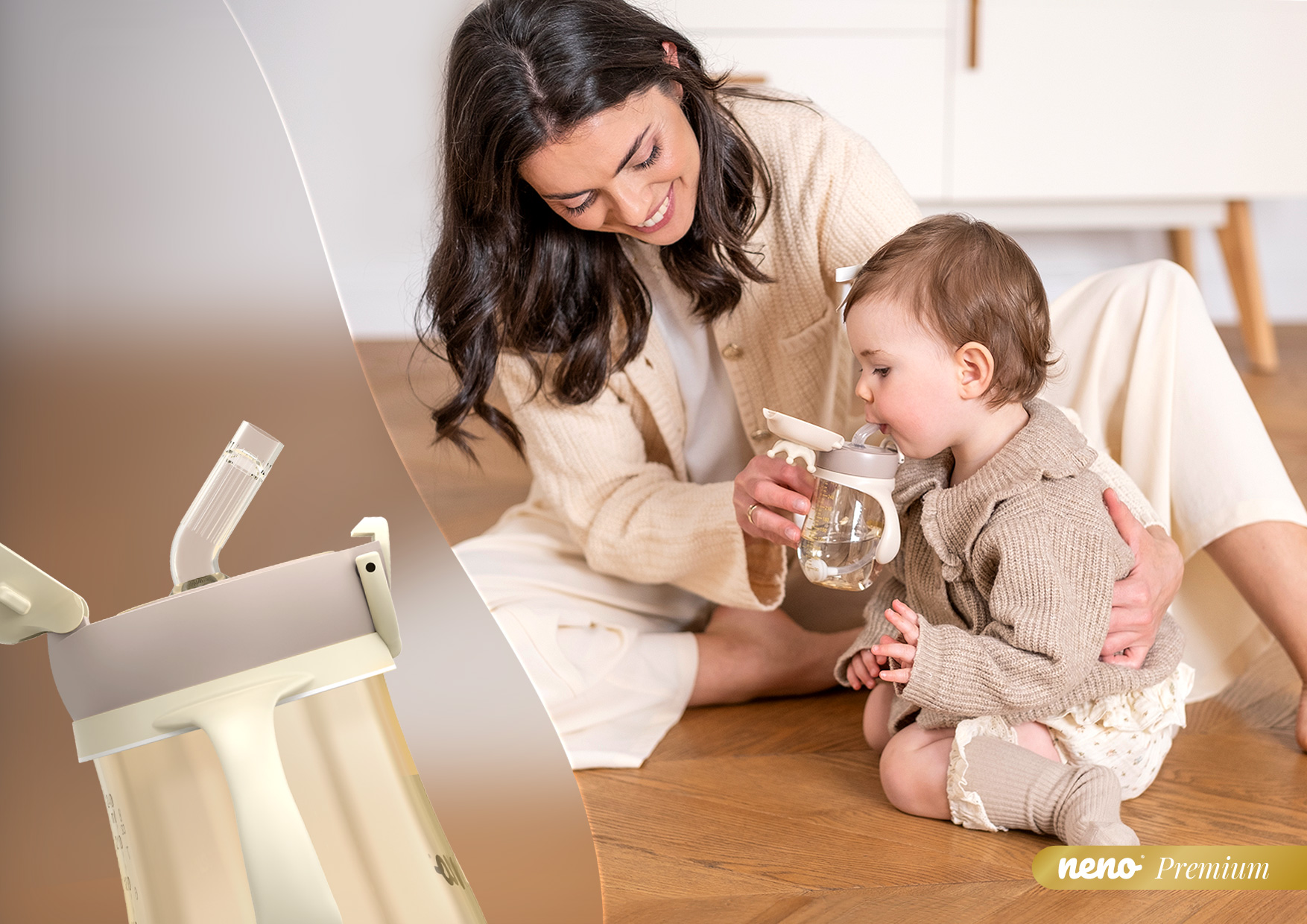 kobieta karmiąca malucha butelką Neno Mio i smoczkiem 