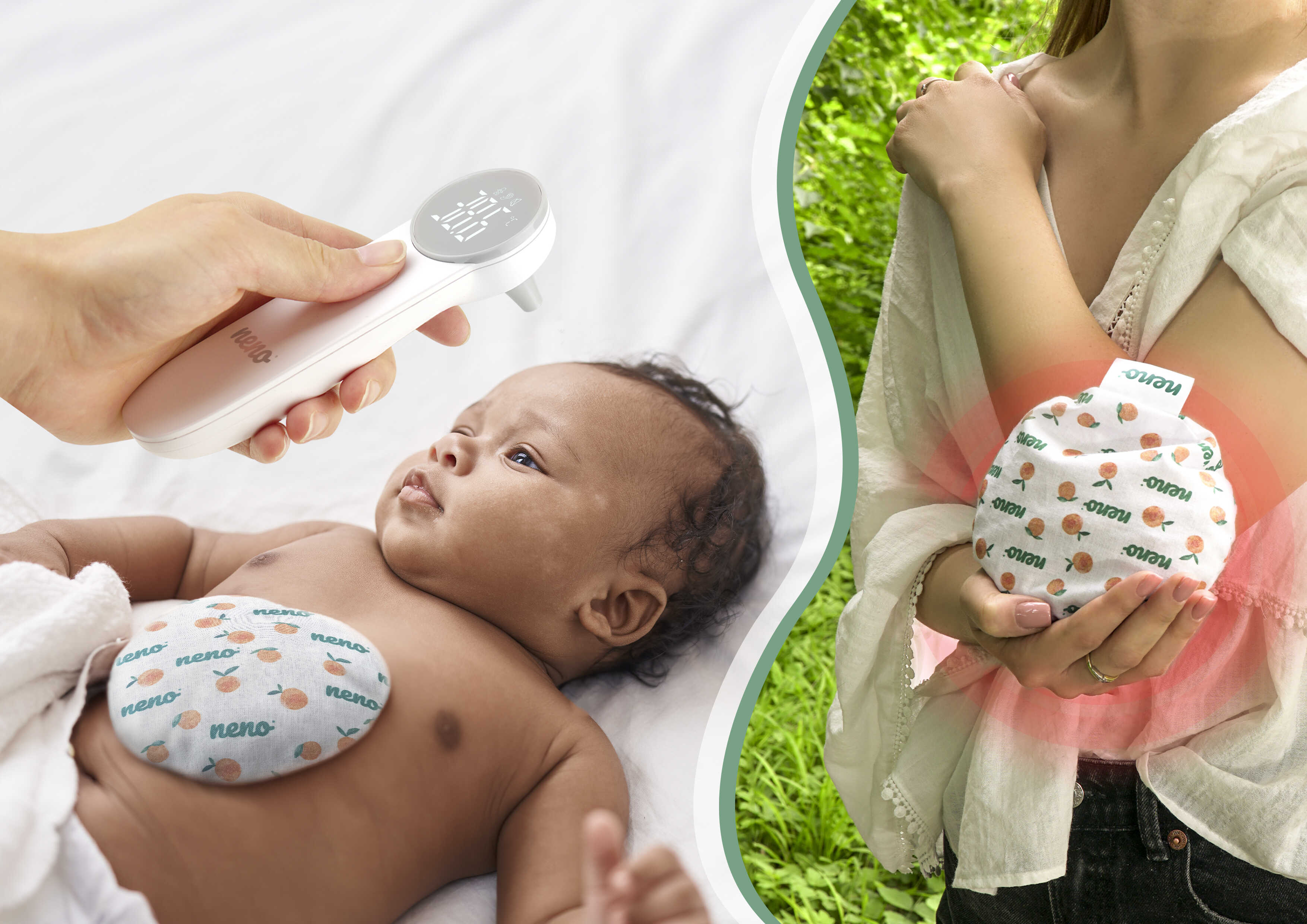 dziecko z gorączką z zimnym termoforkiem na brzuszku i kobieta z zimnym tremoforkiem przykładająca go do obolałego łokcia