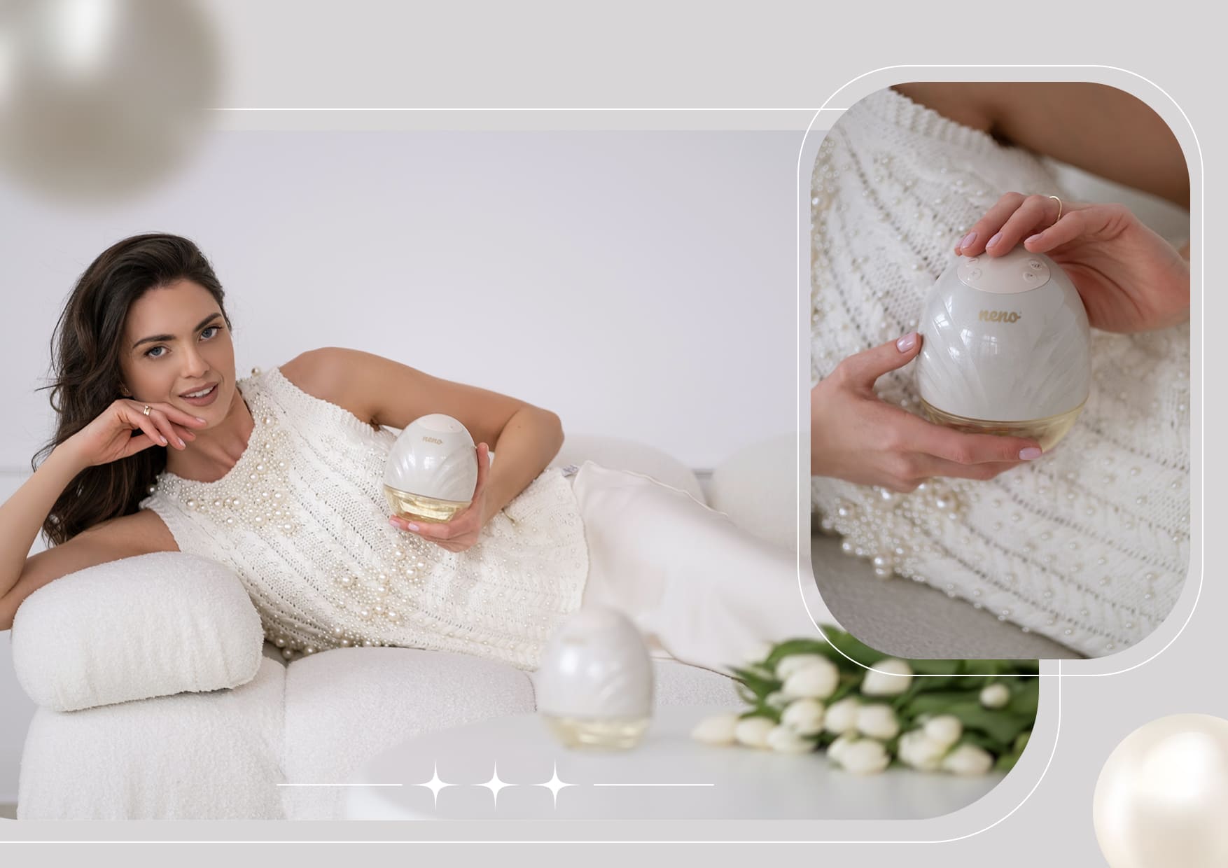 kobieta leżąca w eleganckiej stylizacji i trzymająca Neno Perlę