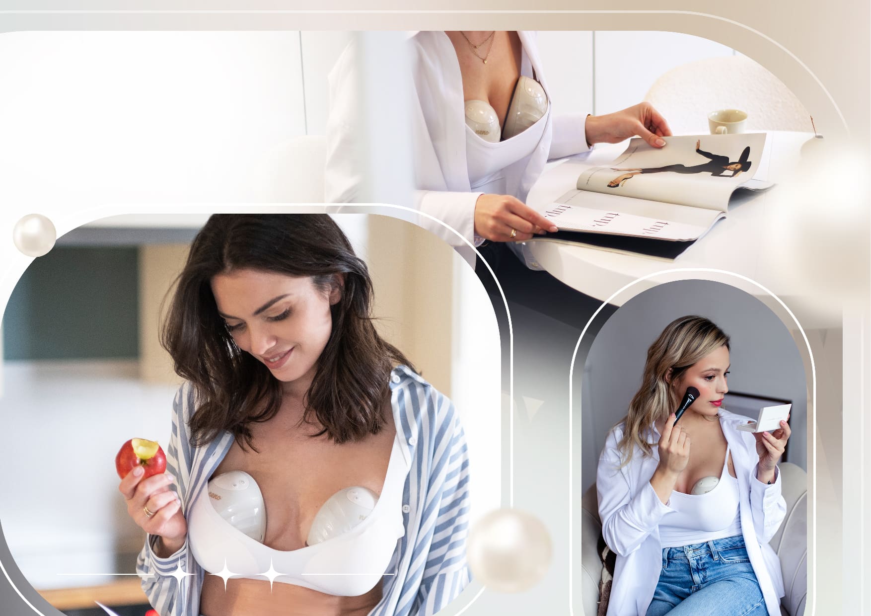 kobieta jedząca jabłko, malująca się i czytająca gazetę a jednocześnie odciągająca mleko za pomocą Neno Perla Twin