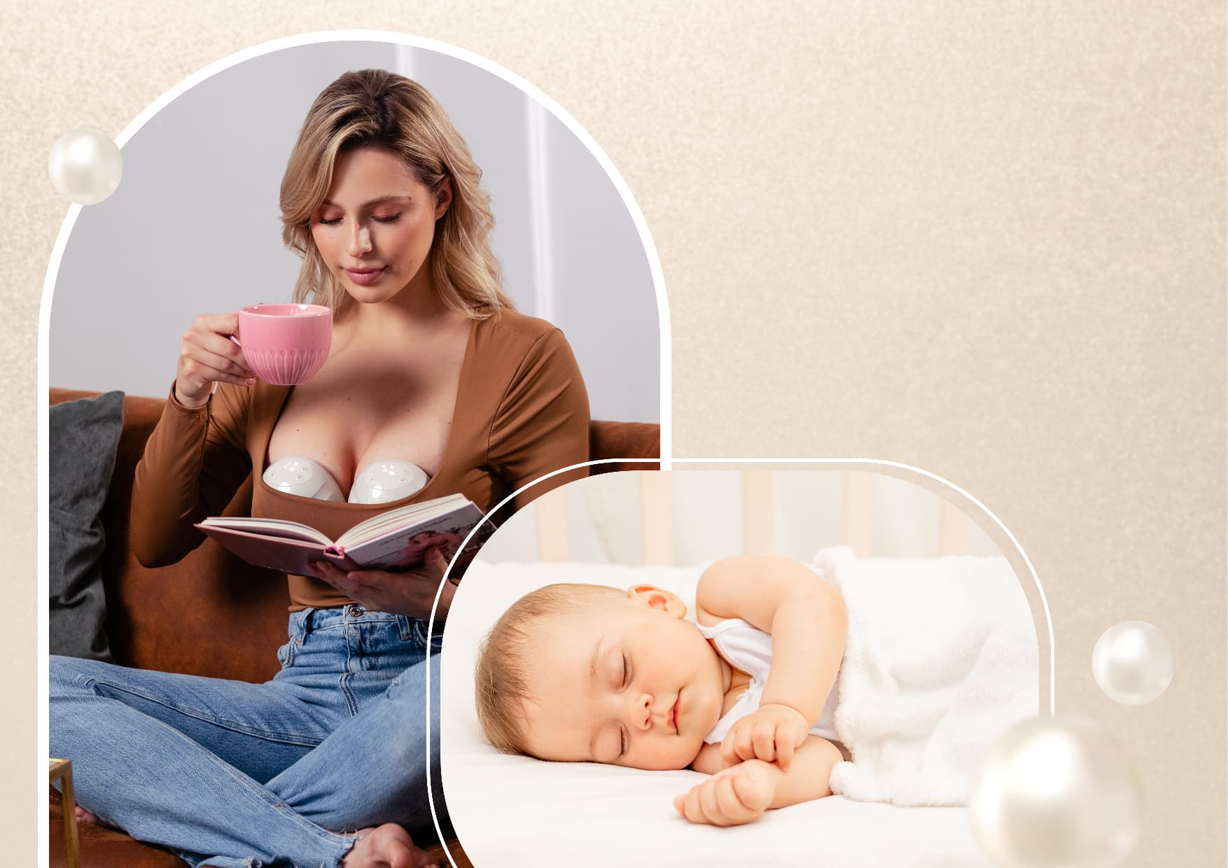 kobieta czytająca książkę, pijąca herbatę i odciągająca mleko za pomocą laktatora muszlowego
