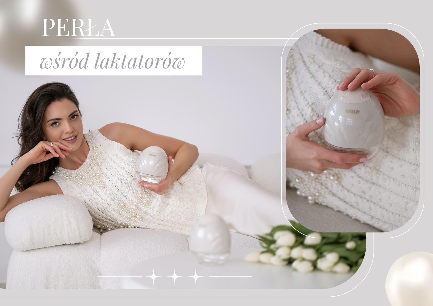 kobieta ubrana w perle trzyma laktator Neno Perla Twin