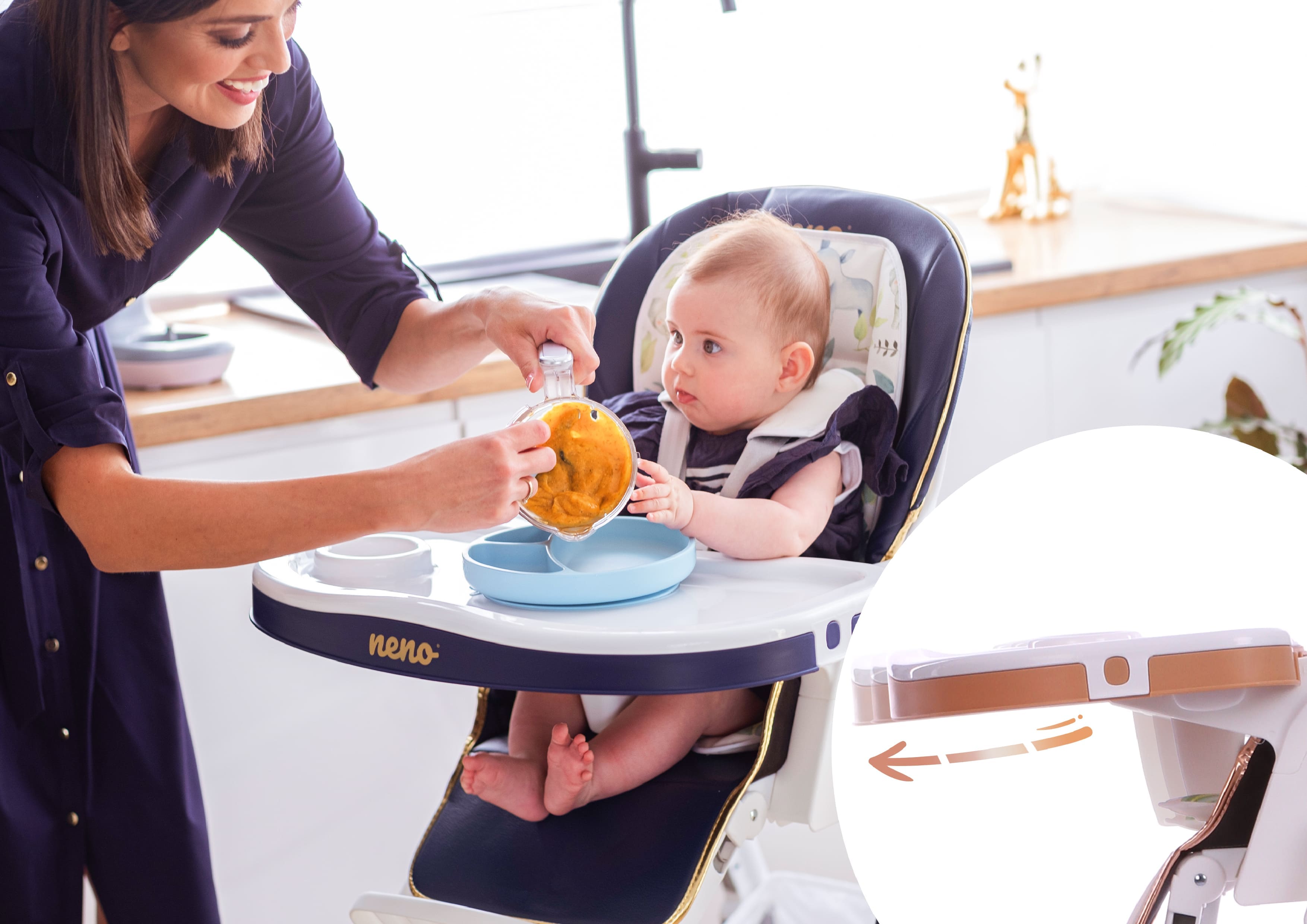 kobieta dająca jedzenie na miseczke przy foteliku Neno Sedi