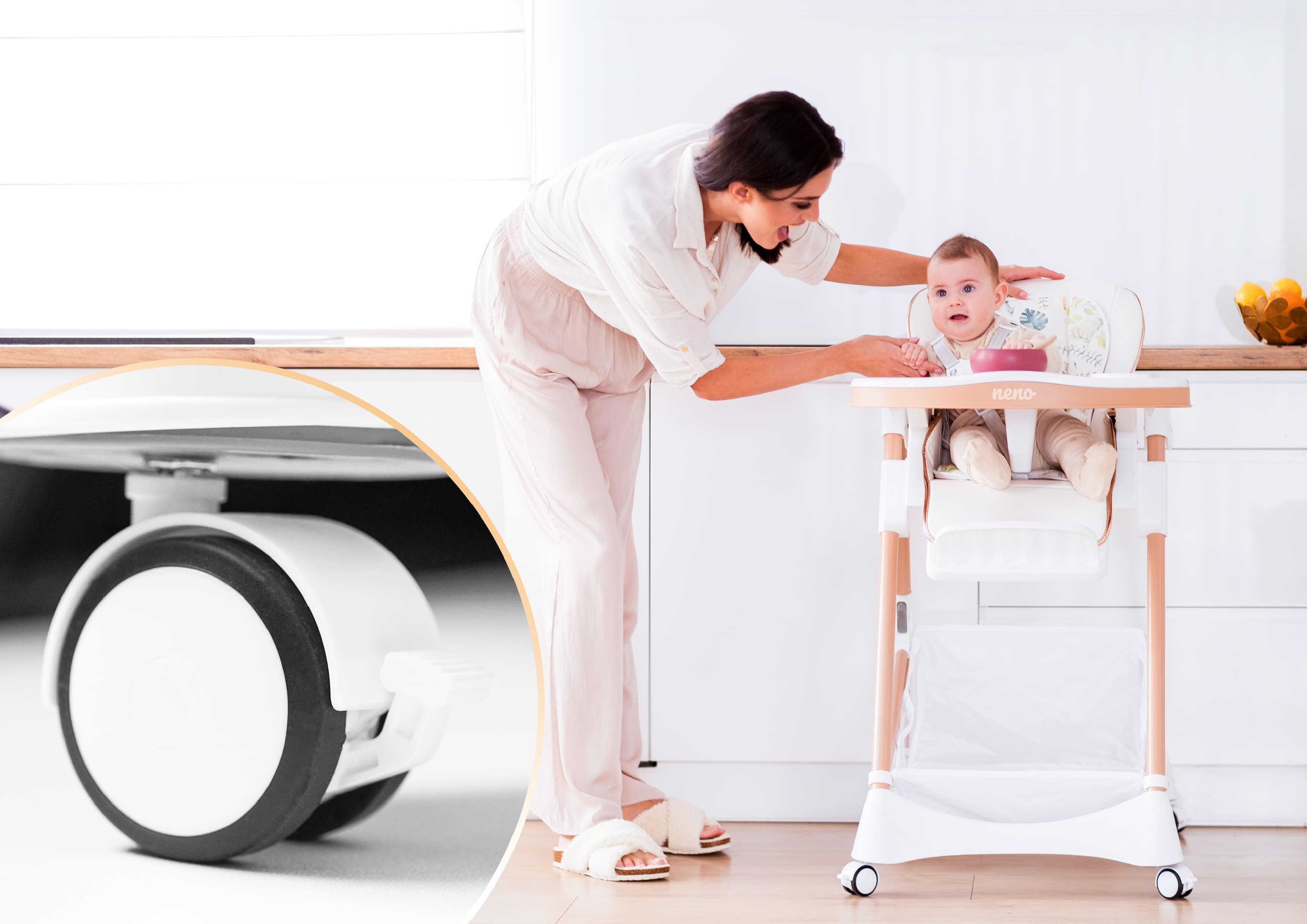 kobieta zabawiająca niemowlaka w krzesełku Neno Sedi