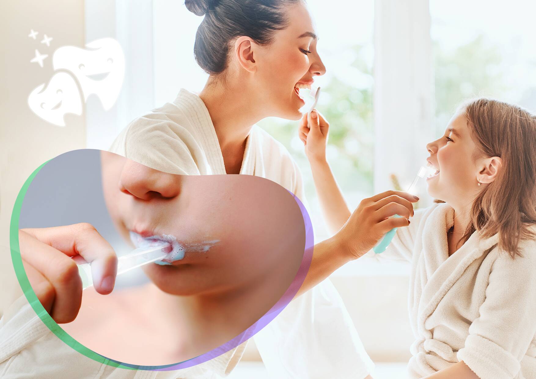 kobieta myjąca zęby z córką