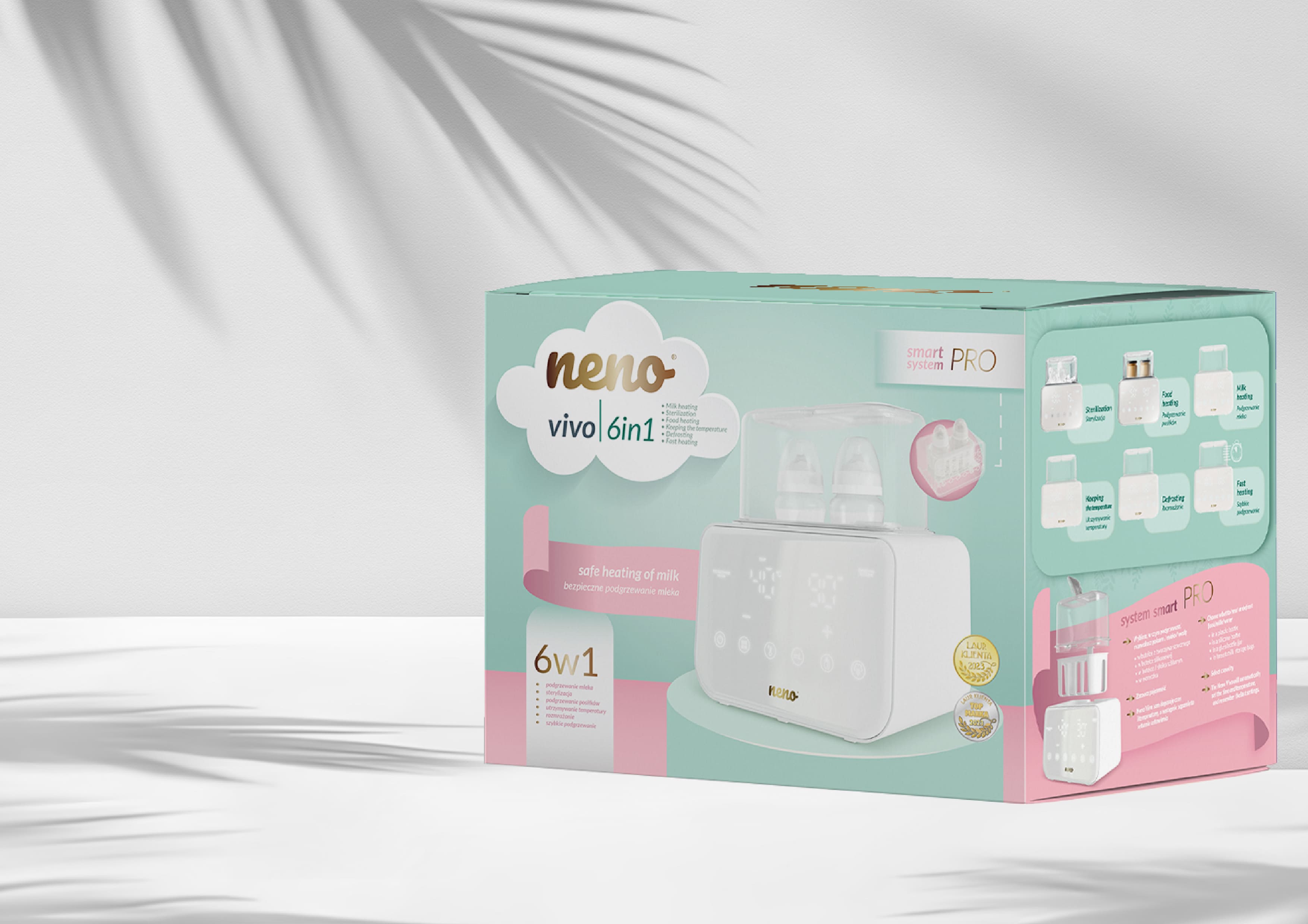 elegancki design Neno Vivo i w tle kobieta z kawą